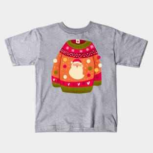 Cute Christmas sweater with Santa Claus and pom-poms. Colorful holiday illustration. Kids T-Shirt